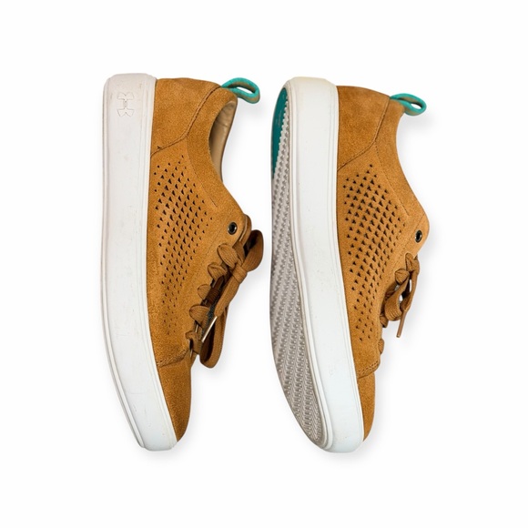 Under Armour Suede Sneakers Tan Caramel Teal Accent Lace Up Size 8 US 5.5 UK - Picture 2 of 7
